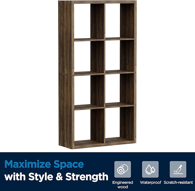 Jpiziso 8 Cube Storage Organizer, Cube Shelf with Heavy-Duty Thick Boards, 25.12" L x 9.37" W x 48.74" H, Smooth Easy-Clean Panels, Simple Assembly, for Living Room Bedroom Office, Brown