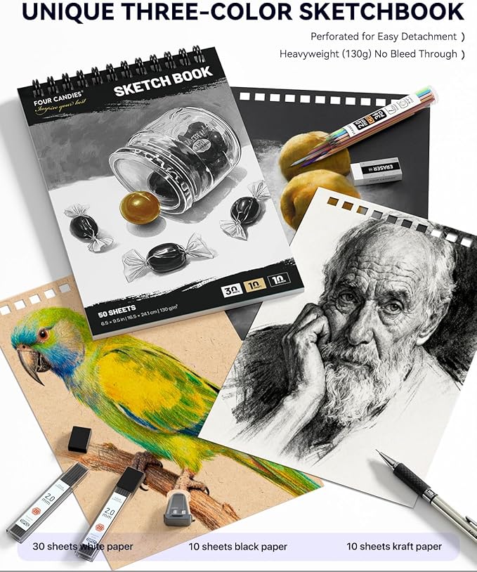 Four Candies 73PCS Advanced Art Supplies Drawing Kit with Fineliner Pens, Mechanical Pencils, 3-Color Sketchbook, Charcoal Sticks,Pastels for Sketching Drawing Comics Gifts for Professionals Artists