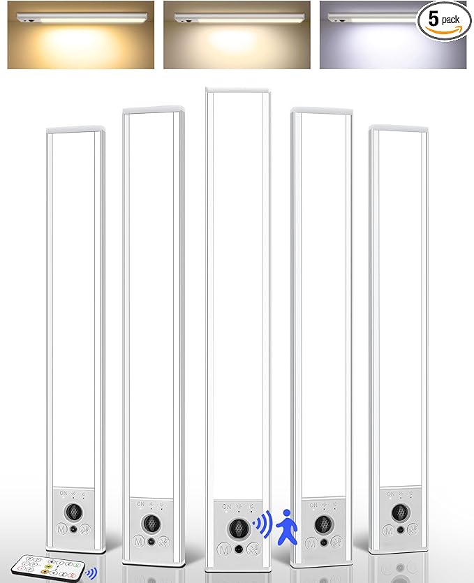 EZVALO 5 Pack Under Cabinet Lighting, 4000mAh Rechargeable Motion Sensor Light, 16.5inch Magnetic Closet Lights with Dimmable & 3 Color Temps, Wireless Motion Activated Lights with Remote for Kitchen
