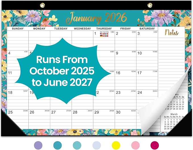 Desk Calendar 2026, 21 Months Calendar Runs from October 2025 to June 2027 - Large 17" x 12" Desktop/Wall Monthly Desk Planner for Home School, or Office - Floral