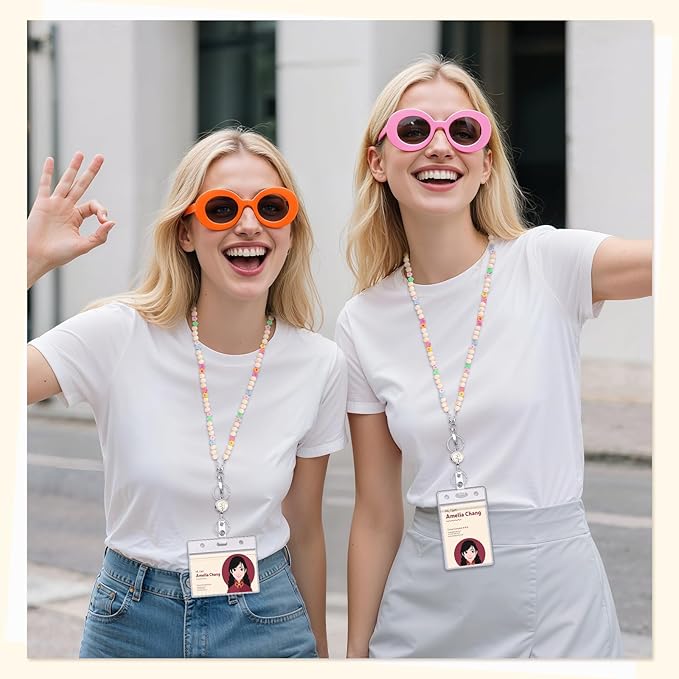 Teacher Lanyard with ID Holder Flower Cute Wooden Beaded Lanyards for ID Badge Holders Retractable Badge Reel Keys Eyeglass Chains for Women