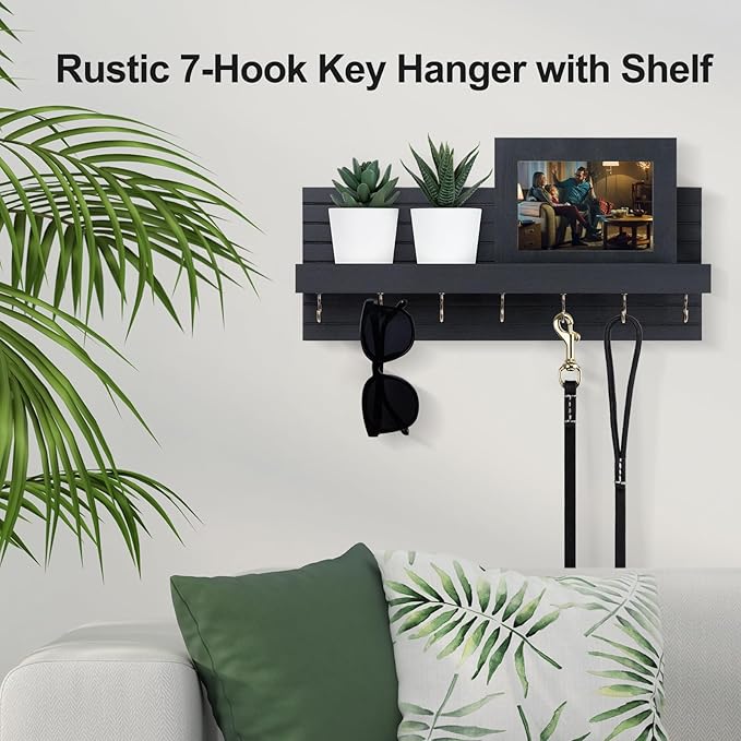 Lwenki Decorative Key Holder for Wall with Shelf, Entryway Shelf with Hooks Holds Leashes, Jackets and Glasses – Sturdy Wood Keyholder Entrance Hanger with Mounting Hardware (Black, Large)