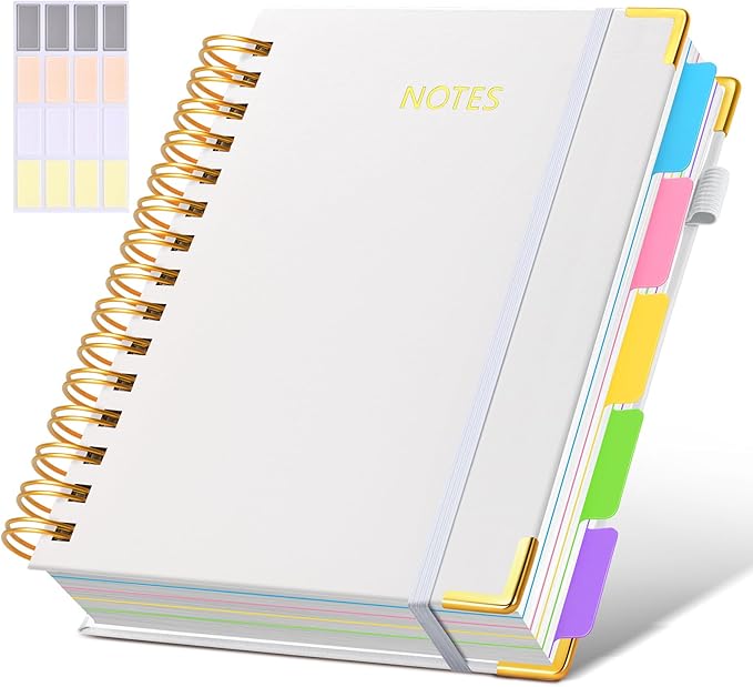 Hardcover Spiral Notebook journal with Removable Dividers Tabs, 300 Pages Leather 5 Subject Notebook College Ruled, 100GMS Notebooks for Work School Note taking,Lined Journal for Women,A5 White