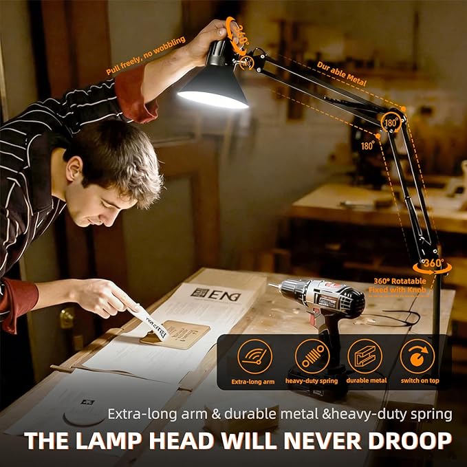 2 Pack LED Desk Lamp With Clamp for Office Home, Eye-Caring Desk Light with 360°Adjustable Extra Tall Metal Swing Arm, High Intensity Clamp w/A19 E26 Bulb for Working Reading, Table Lamps White/Warm