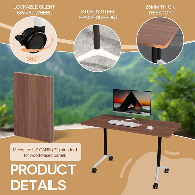 Folding Conference Table 4ft 5ft, Foldable Office Meeting Desk for 6 People, Multiple Sizes Colors Mobile Conference Room Table for Training Room School Business Furniture (6, Walnut, 71in)
