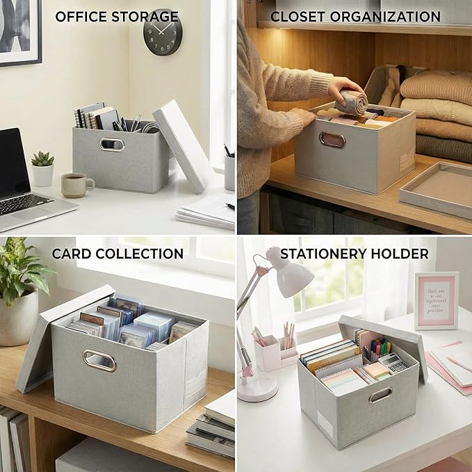 PRANDOM Storage Bins with Lids [3-Pack] Linen Fabric Foldable Storage Boxes Organizer Containers Baskets Cube with Cover for Bedroom Closet Office Beige（11.4X8.6X6.7
