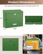 LAND·VOI Locking Wall-Mount Mailbox for Outside, with 4 Keys, Galvanized Steel Rustproof Metal Postbox, 4" Dx13.8 Wx11.2 H, Includes 3 Sets of Mailbox Numbers, Nameplate, Green