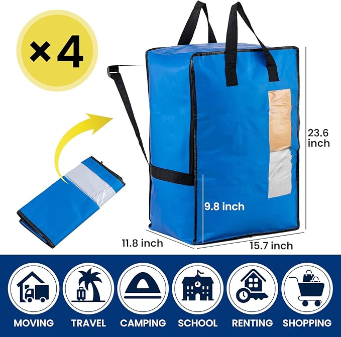 TAILI 4 Pack Blue Moving Bags w/Adjustable Backpack Straps, Moving Supplies, Moving Boxes Alternative, Heavy Duty Storage Totes for College Packing, Camping Backpack for Travel, Dorm, Laundry