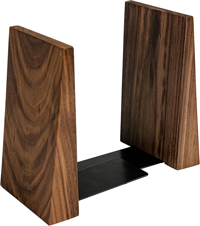 Luxdecor Walnut Book Ends Hold Heavy Books-6x5x4in Wood Bookends for Office Desk Non Skid, Decorative Walnut Bookend 2pack, Triangle Style