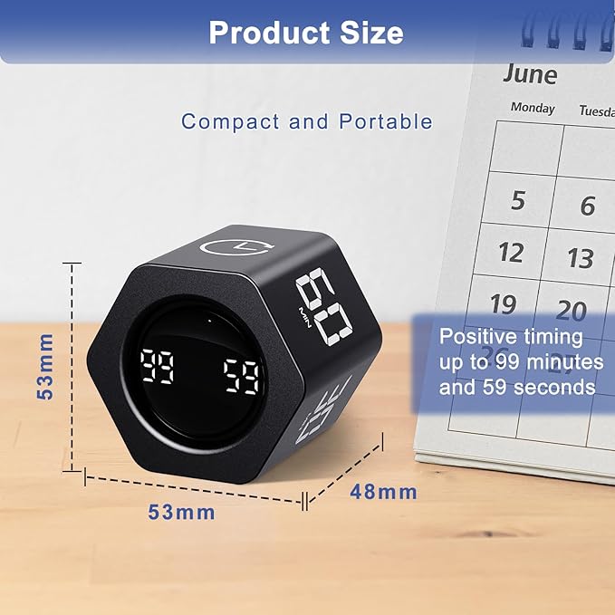 GuDoQi Rotating Pomodoro Timer 1 5 10 30 60 Min Preset, Hexagon ADHD Flip ProductivityTimer Tool Pause, Vibration, Mute, Adjustable Sound Alert for Work, Study, Back to School, Kitchen, Black
