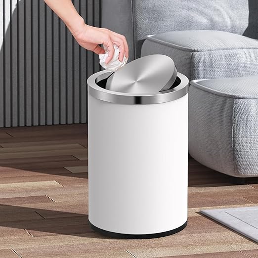 Mbillion Small Trash Can with Swing Lid 4 Gallons/ 15 Liter, Mini Trash Can with lid, Stainless Steel Cylindrical Garbage Can for Home and Office Bathroom Bedroom, for Ground and Desktop White