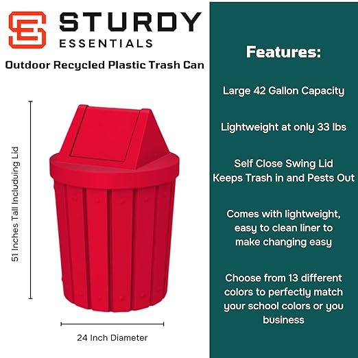 Sturdy Essentials 42 Gallon Round Slatted 100% Recycled Plastic Indoor or Outdoor Commercial Trash Can with Easy Access Swing Top Lid | Great for Schools and Businesses - Red