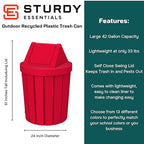 Sturdy Essentials 42 Gallon Round Slatted 100% Recycled Plastic Indoor or Outdoor Commercial Trash Can with Easy Access Swing Top Lid | Great for Schools and Businesses - Red