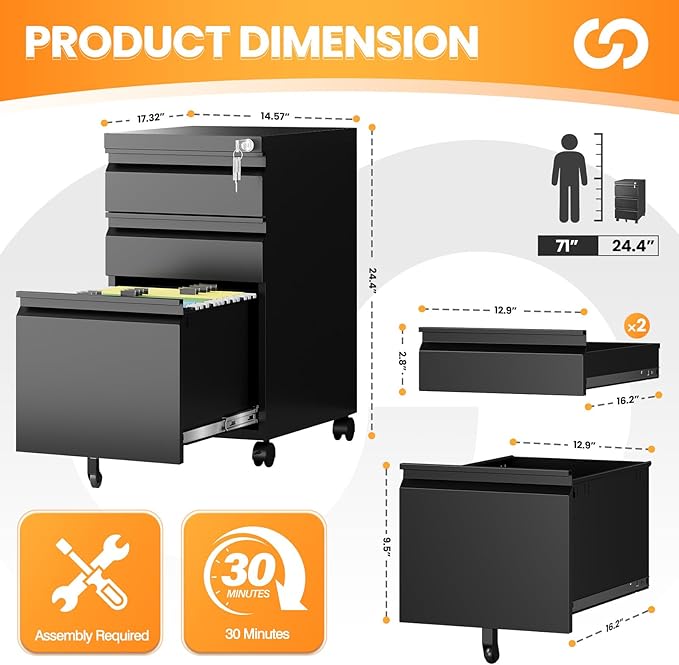AFAIF 3 Drawer Mobile File Cabinet with Lock, Rolling Filing Cabinets for Home Office, Under Desk Small File Cabinet Three Drawers for Legal/Letter/A4 File, Black - Assembly Required