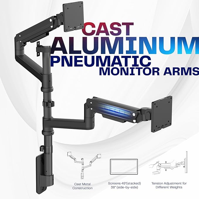 VIVO Pneumatic Arm Dual Ultrawide Monitor Wall Mount for Up to 49 inch Screens, Holds 2 Ultra Wides Up to 33.5 lbs Each, Black, MOUNT-V120K