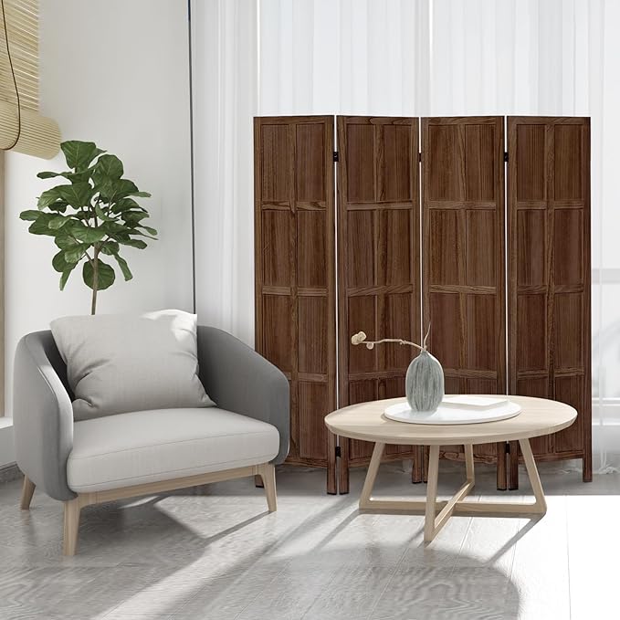 Leesinwing Wood Room Divider 4 Panel Folding Privacy Screen, Classic 5.6Ft Indoor Wooden Partition, Portable Partition Wall Divider for Room Separation, Home, Office, Bedroom, Restaurant (Brown)