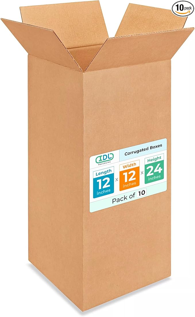 Tall Moving & Shipping Boxes 12x12x24 inches (10-Pack) - Extra Strength 200 lb vs Regular - Corrugated Durable Moving Boxes - Box for Packaging - Packing Box for Shipping by IDL Packaging