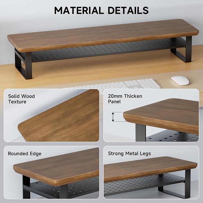 NestNeat Dual Monitor Stand, 35.4 Inch Monitor Stand Riser for 2 Monitors, 2 Tiers Wood Desk Shelf with Storage, Desktop Organizer Stand for Computer, Laptop, Printer, TV (Black Walnut, 35.4in)