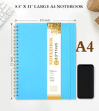 UEBZFOCS Spiral Notebook Journal 8.5” x 11”, Lined Notebooks for Women Men, A4 Large College Ruled Journal, 100 GSM Paper, Plastic Hardcover Spiral Bound Journals for Work School Business, Blue