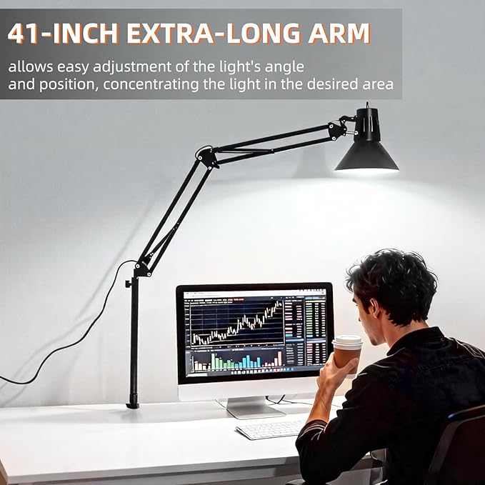 LED Desk Lamp Dimmable with Clamp, Eye-Caring Clip on Lights for Home Office, 3 Adjustable Color Temperature,Extra Tall Metal Swing Arm, High Intensity Clamp w/A19 E26 Bulb for Working Reading