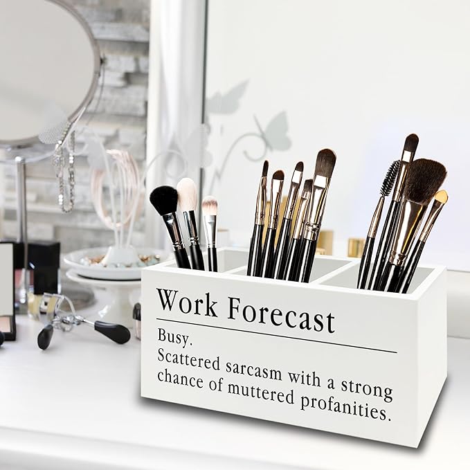 XPH Funny Pen Pencil Holder Organizer for Desk, Funny Coworkers Gifts for Women, Office Humor Gifts, Work Forecast Wooden Box Sign for Home Office Desk Tabletop Decorations