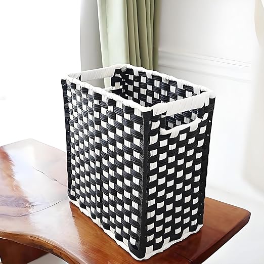 Fozxsvg Black Woven Wicker 3.5 Gallon Fabric Trash Can, Storage Baskets, Waterproof Cute Waste Basket, Decorative Trash Bin for Bedroom, Office, Living Room, Kitchen