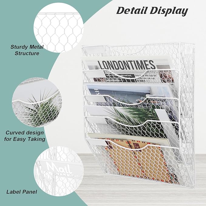 EASEPRES Mail Organizer Wall Mount Hanging File Holder Storage, Metal Chicken Wire Magazine Rack 5 Tier, White