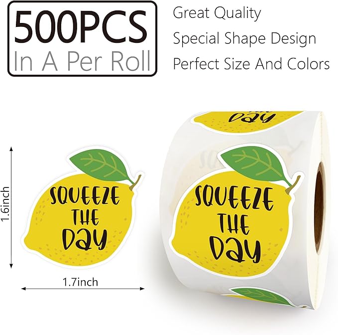 Bttwkco 500pcs Cute Lemon Stickers Roll, Lemonade Stickers for Cups, Lemon Party Supplies Squeeze The Day, Handmade Just for You, Happy Mail