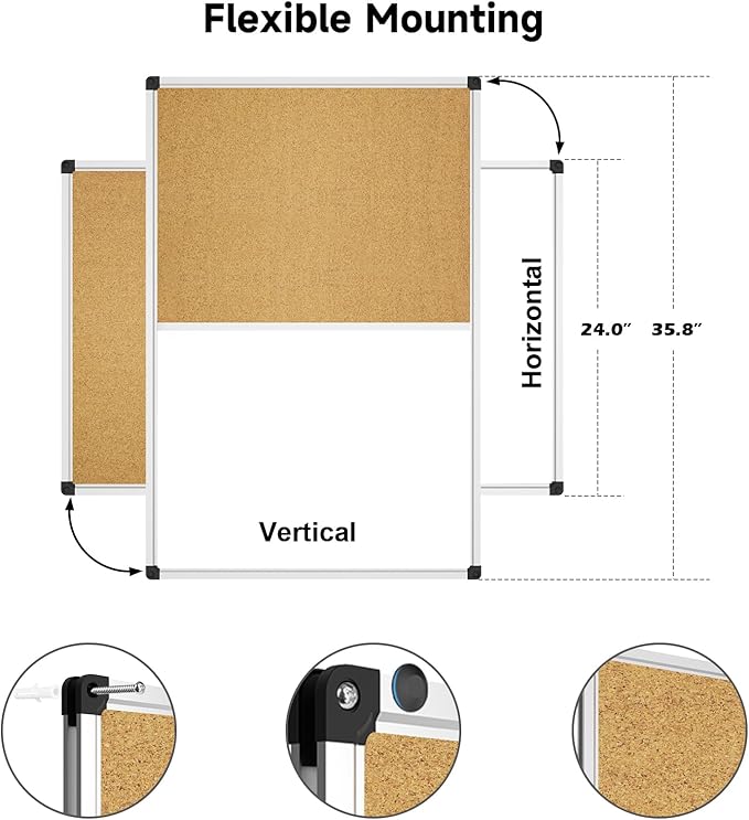 XBoard Magnetic whiteboard 36 x 24 - Combo Whiteboard Dry Erase Board Cork Board 36 x 24