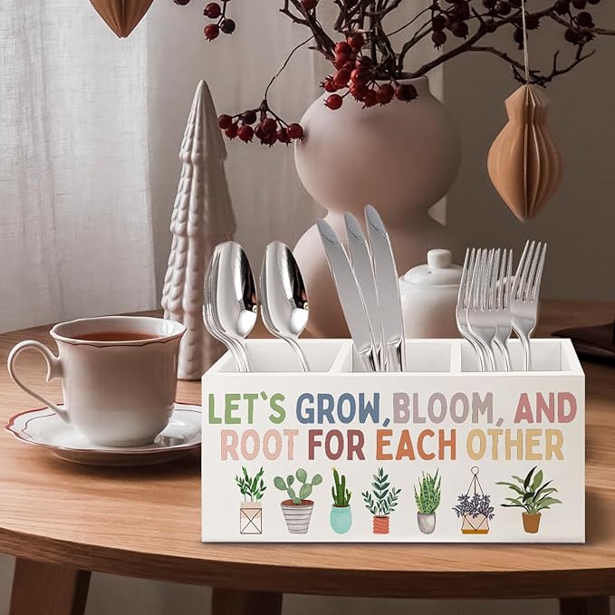 URLLUAE Boho Plant Classroom Wooden Pen Pencil Holder for Office Desk Accessories, Back to School Supplies for Students College Boys Girls Teachers First Day of School, Let's Root for Each Other