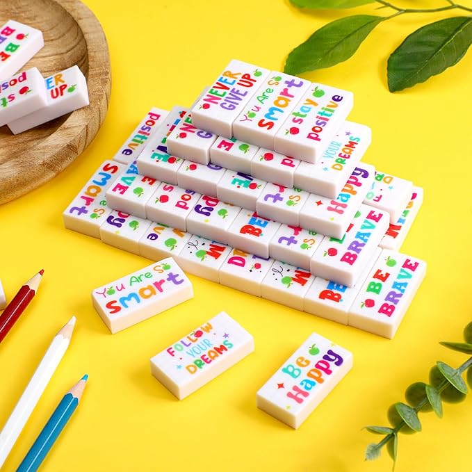 Dunzoom 100 Pcs Inspirational Pencil Erasers Bulk for Kids Fun Motivational Eraser School Supplies Back to School Office Supplies for Classroom Office Teacher Artists (Lovely)