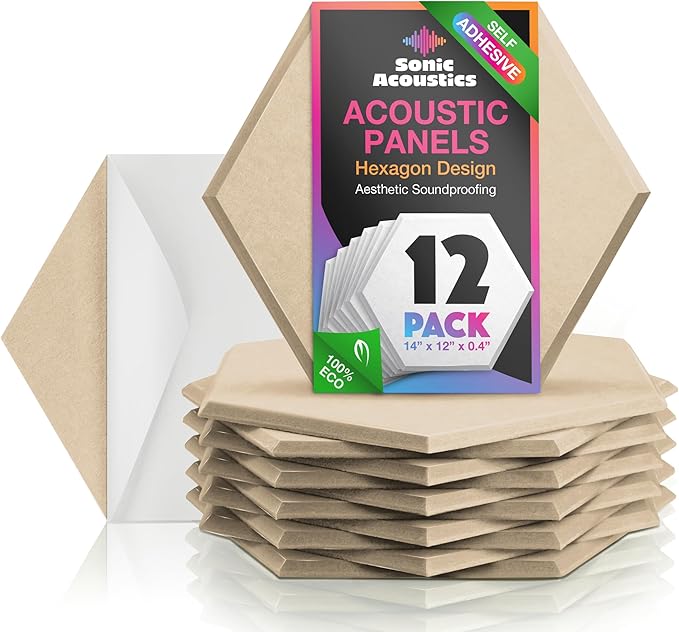 Acoustic Panels 12 Pack Soundproof Wall Panels, 14" X 12" X 0.4" Sound Proof Panles, High-Density Wall Decoration Sound Absorbing Panel, Hexagon Wall Panel for Home Office with Self-Adhesive-Brown