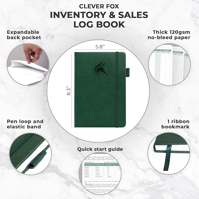 Clever Fox Inventory & Sales Log Book for Small Business – Inventory Ledger Book, Inventory Notebook, Order Tracker Book for Purchases, Sales & Reorders – Undated, Hardcover, A5, Dark Green