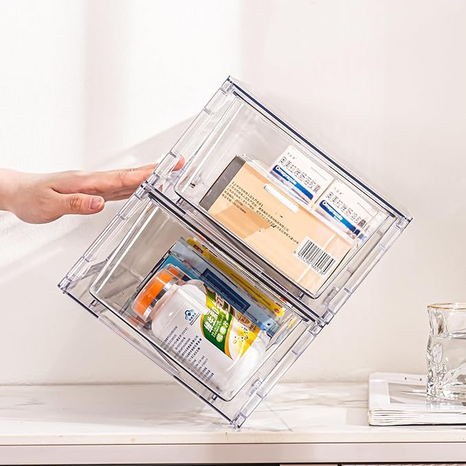 Sgoostood 6 Pack Stackable Organizer Drawers, Clear Desk Storage Box,Transparent Drawer in Home, Office and Kitchen Pull Out Organizer Bins for Make Up, Pen, Desktop Stationary (6 Pack)
