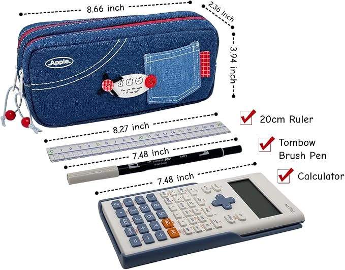 Haumei Canvas Pencil Case Large Capacity, Big Denim Pen Pouch with Zipper, Cute Durable Portable Stationary Storage Bag Organizer for Adults Women, Dark Blue, Button