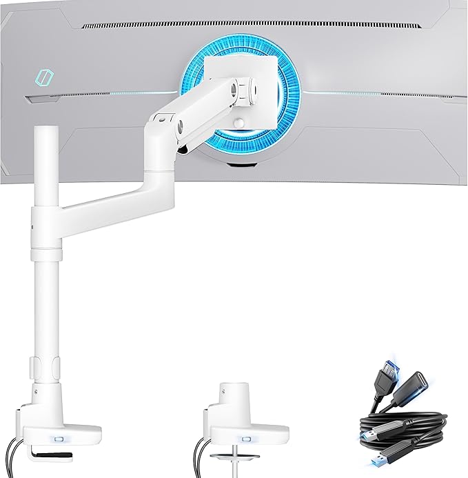 ARES WING Heavy Duty Monitor Arm with USB A/C, Tall Ultrawide Monitor Arm for 17 to 49 inch Screen, Holds 44 lbs, Adjustable Gas Spring Desk Mount, White