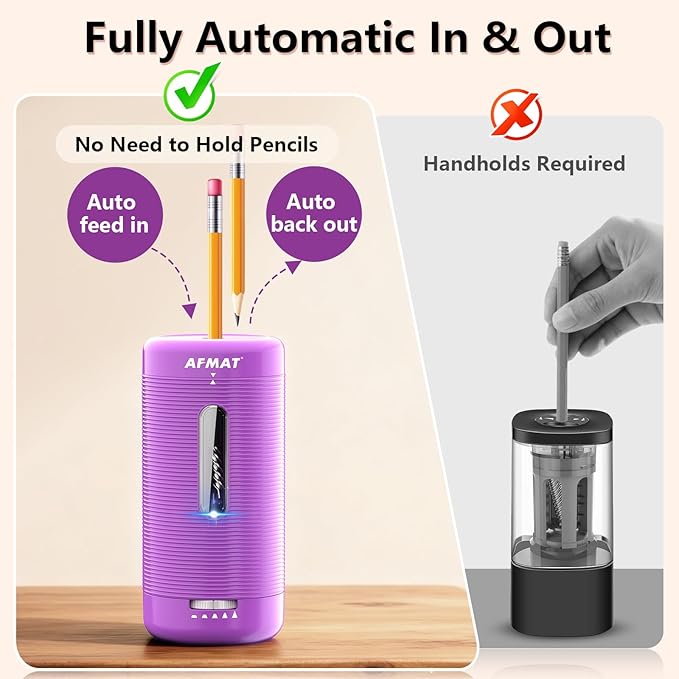 AFMAT Electric Pencil Sharpener, Fully Automatic Pencil Sharpener, Auto in & Out, Rechargeable Hands-Free Sharpeners for Jumbo & Colored Pencils (6.5-12mm), Portable for Home/Classroom/Office PSC2