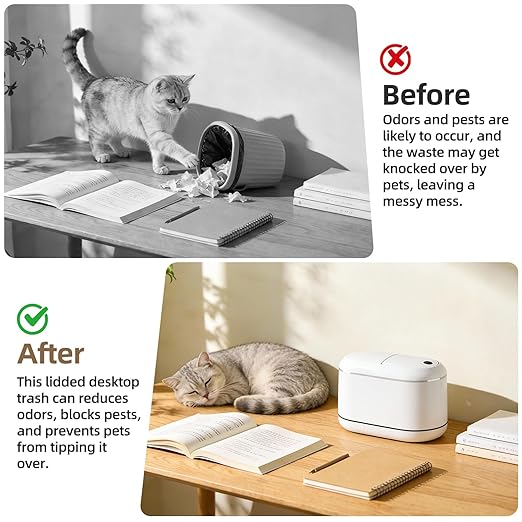 PAVSTINE Mini Trash Can for Desk with 5 Rolls of Trash Bags, Small Press-Top Countertop Garbage Bin, Removable Waste Basket for Bedroom, Vanity, Coffee Table, Kitchen (White Half-Lid)