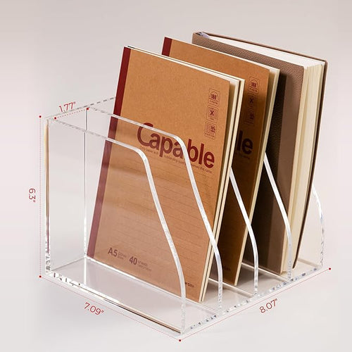 AIMOLLY Acrylic Magazine File Holder, 4 Vertical Compartments Desk Document Sorter Organizer, Clear Folder Rack Binder for Office/Home/Classroom, for Documents, Tablet, Magazines, Books & Accessories