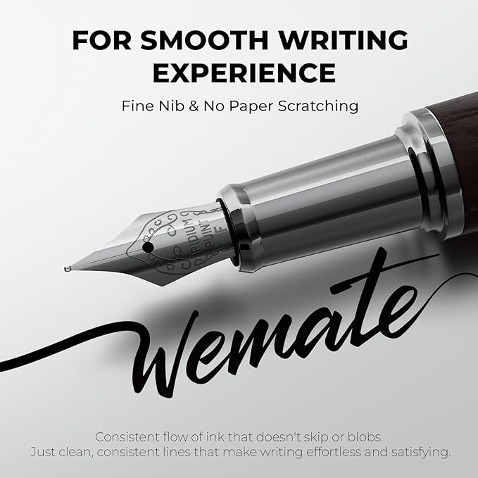 WEMATE Fountain Pen Set, Fine Nib with 20PCS 2.6MM Ink Cartridges(10 Black&10 Blue),1 Ink Converter, Nice Luxury pen for Men, Women, Cool Wooden Fountain Pen for Writing, Journaling, Calligraphy