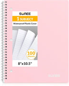 SUNEE Spiral Notebook, 1-Subject, Wide Ruled Paper, 8" x 10-1/2", 100 Sheets per Notebook, 3-Hole Punched Paper, Water Resistant Cover, Double-sided Pockets, Spiral Lined Notebooks for School, Pink