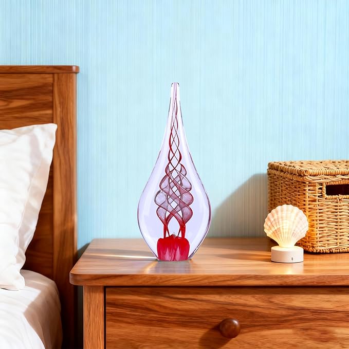 LCCCK 9" Tall Sculpture Hand Blown Glass Decor, Paperweight for Office Desk, Modern Glass Art Figurines Mediterranean Beach House Decor, Living Room Coffee Shelves Table Top Decoration (Swirl Red)