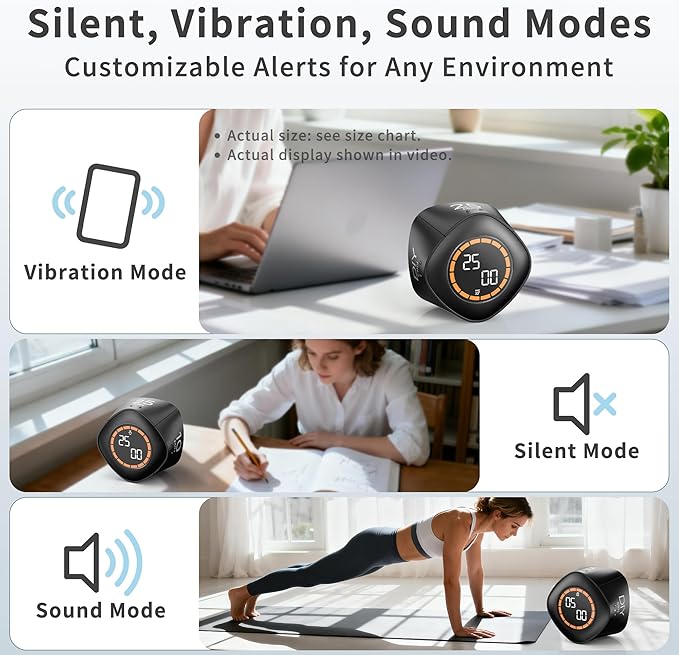 VEWINGL Cube Productivity Timer, 5/10/25/DIY Min Presets + Count-Up Mode, Time Display & Alarm Clock, Sound/Vibrate/Silent Alerts, Pause & Resume, Desk Timer for Work, Study, Kitchen (Black)