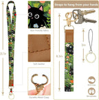 bolimoss Cute 2-in-1 ID Badge Holder & Lanyard Wallet, Black Cat Floral Wallet with Removable Wristlet & Neck Lanyard, Clear Window, 5 Card Slots, 1 Side Zipper Pocket, Ring Keychain
