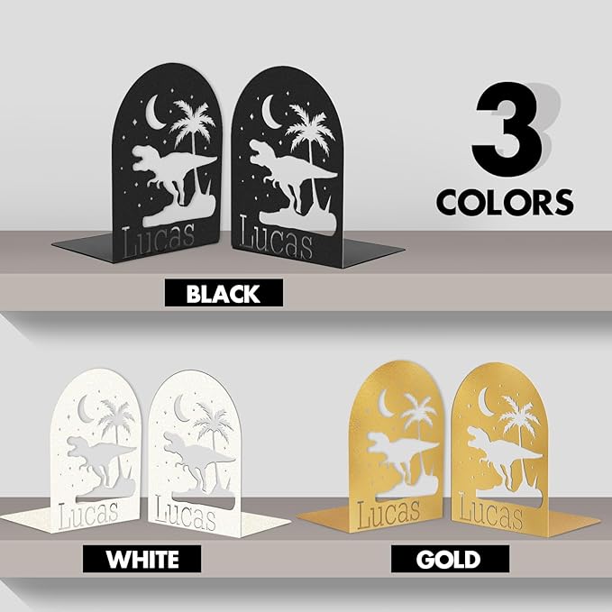 Personalized Name Book Ends Metal, Heavy Duty Bookends for Shelves Decorative, Dinosaur Non-Slip Book Stopper, Home Office Desk Modern Bookshelf Decor, Customized Gifts Color07