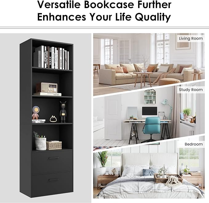 Tangkula 4 Shelf Bookcase with 2 Drawers, 74 Inch 4 Tiers Tall Open Bookshelf with 2 Slide-Out Drawers, Anti-toppling Device, Freestanding Wood Storage Shelf for Home Office (Black, 74" H)