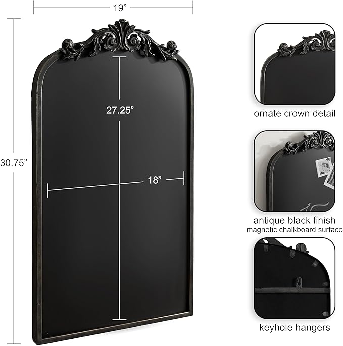 Kate and Laurel Arendahl Decorative Vintage Arch Chalkboard; 19 x 31; Black; Framed Arched Ornate Magnetic Chalkboard for Unique Display; Decoration; and Organization