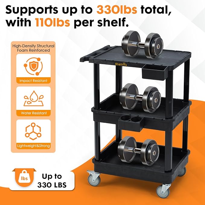 ELAFROS 3-Tier Utility Cart with Flat Top and Deep Shelves, 27.5 x 18.25, Compact Rolling Cart with 4" Wheels, Heavy-Duty Plastic, 330 lbs Capacity for Office, Workshop, Warehouse