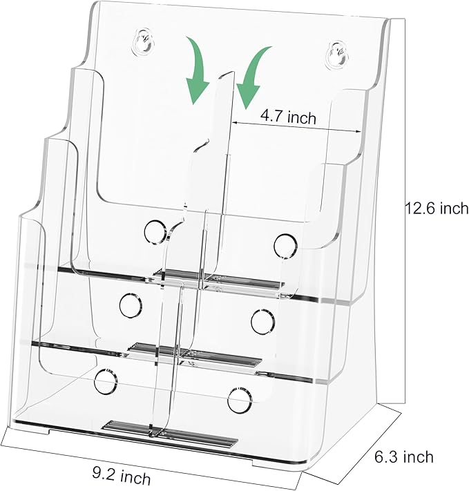 zavekia 2 Pack 3 Tier Acrylic Brochure Holder 8.5 x 11 inch, Clear Literature Organizer Magazine Stand with Removable Divider for 4 x 9 inch Brochures,Magazine Holder,Flyer Holder