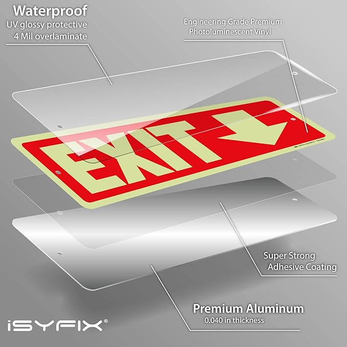 iSYFIX Exit Signs with Directional Down Arrow, Glow in the Dark, Photoluminescent Aluminum 12x4 Inch - 12 Pack, Laminated for UV & Weather Resistance, Ideal for Offices, Schools, Theaters & More